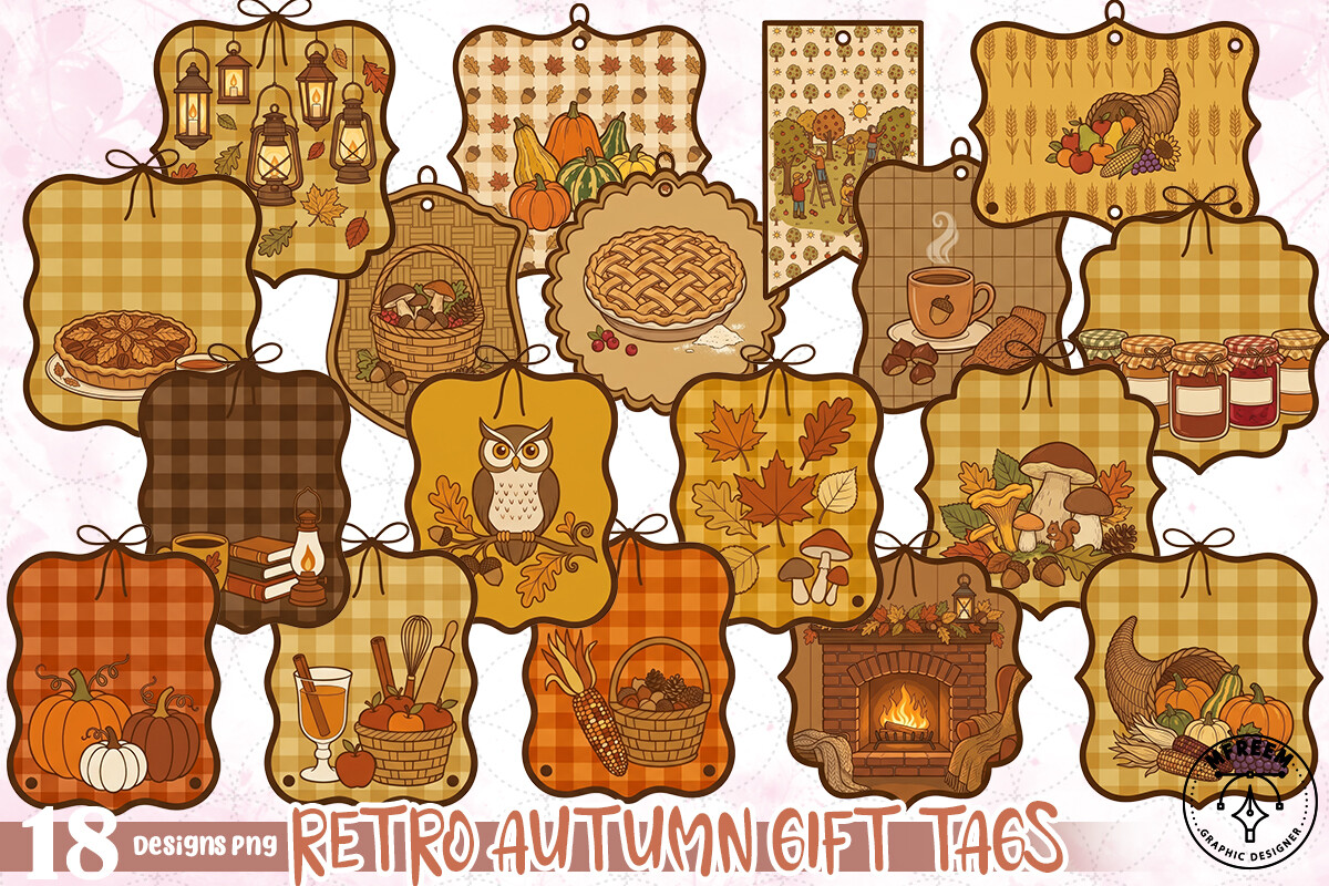 thanksgiving gift tags: Retro Harvest Tags with Pumpkin and Pie Artwork original product preview