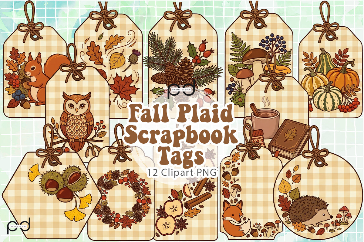 thanksgiving gift tags: Plaid Autumn Tags with Woodland Characters original product preview