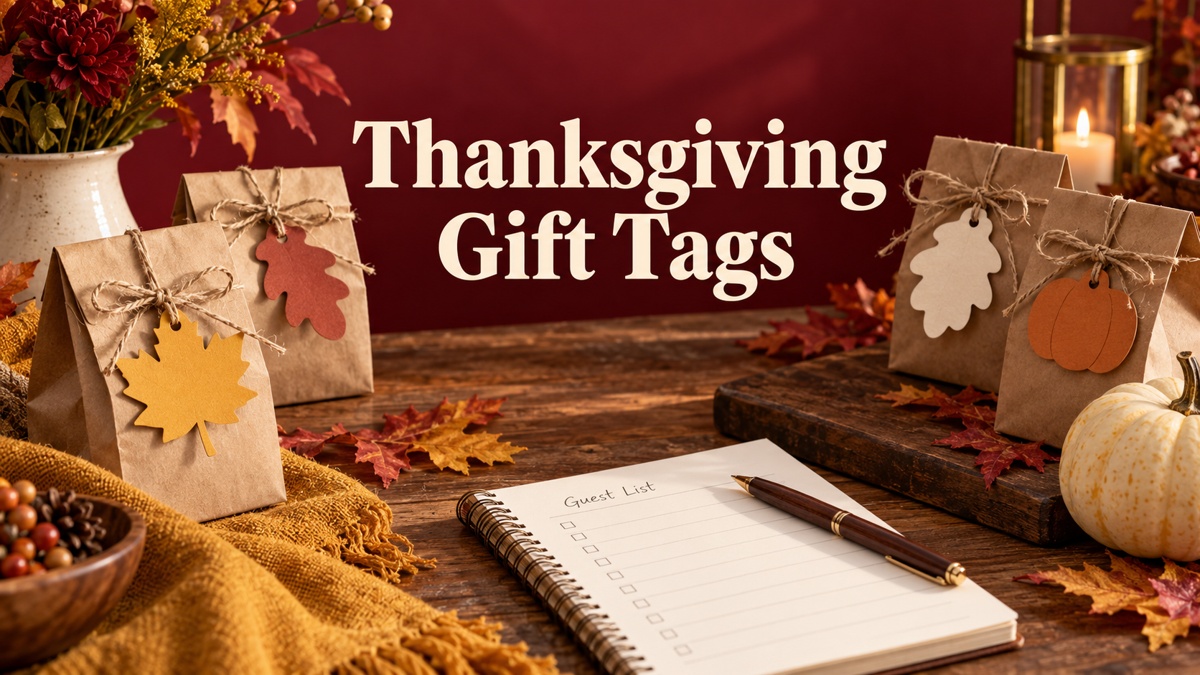Thanksgiving gift tags arranged with harvest favors and autumn leaves