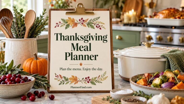 Thanksgiving Meal Planner clipboard in a sage kitchen with autumn ingredients