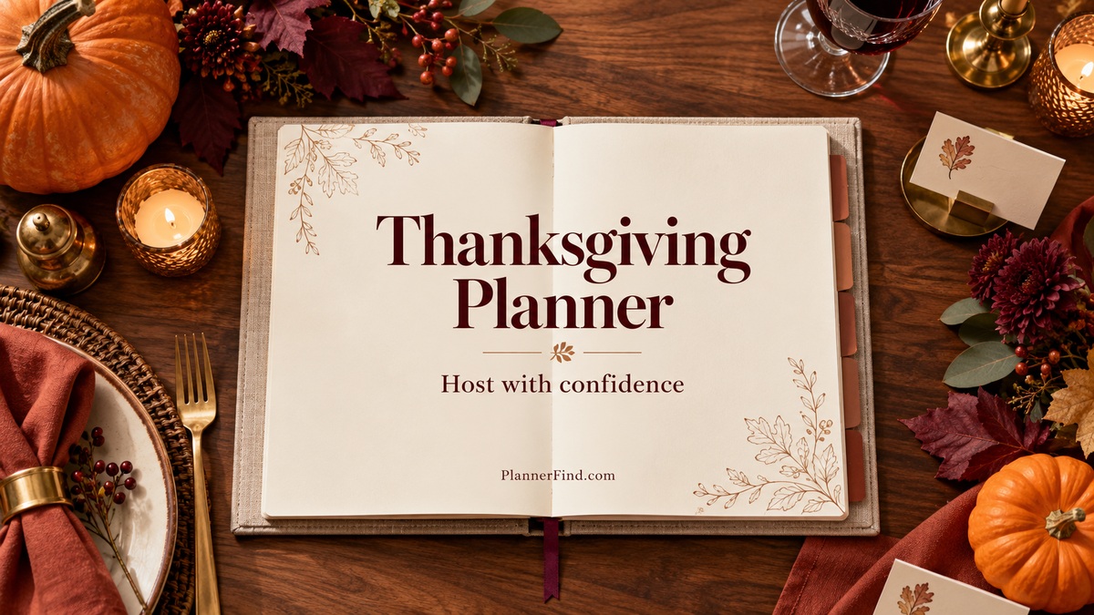 Thanksgiving Planner on an autumn dining table with pumpkins and place settings