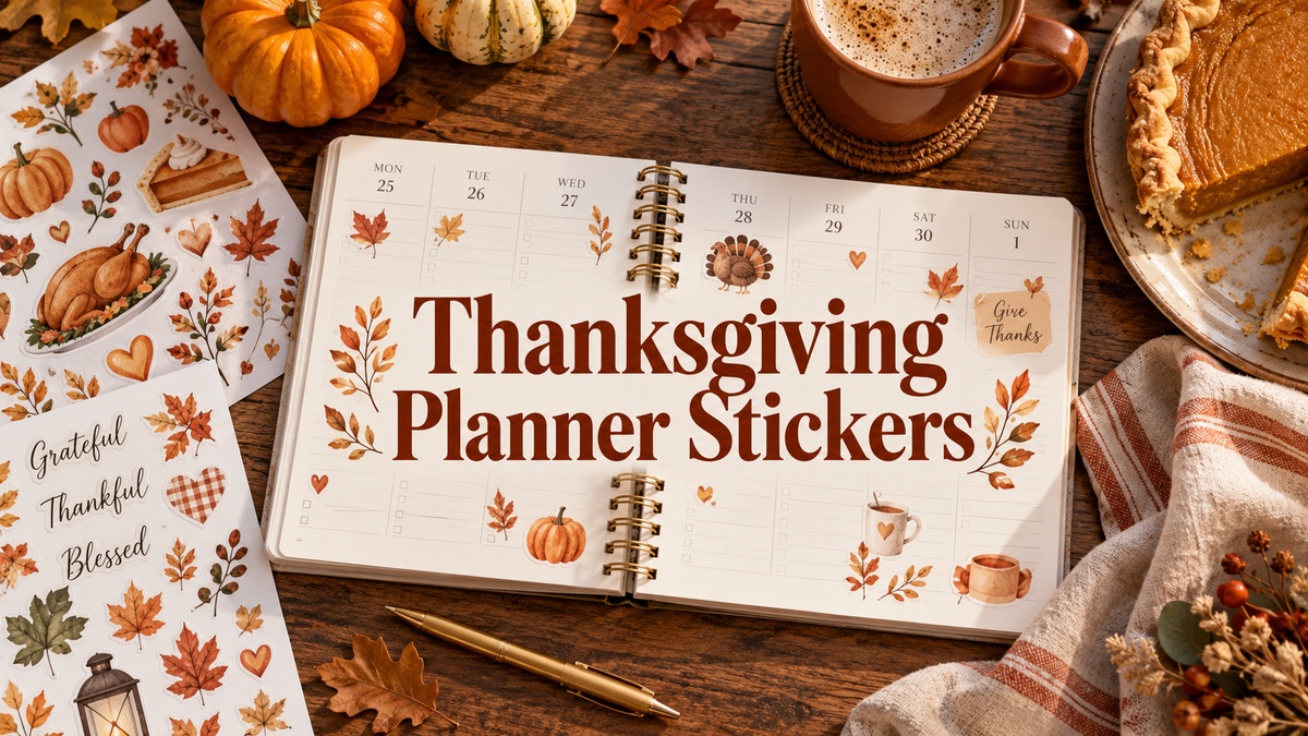 Thanksgiving Planner Stickers on a realistic themed planning desk