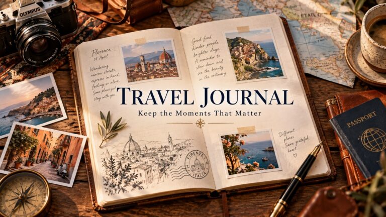 Travel Journal cover with an open diary, travel photos and map