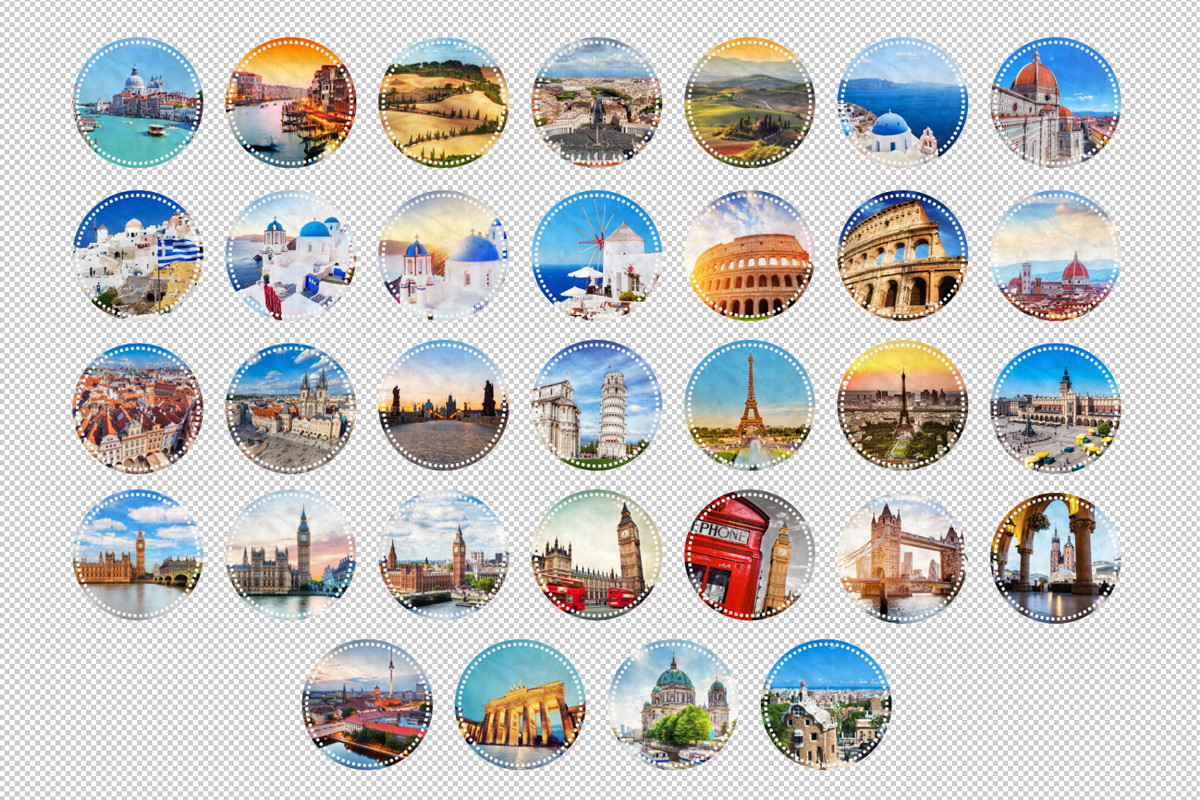travel planner stickers: Thirty-Two European Destination Stickers as Individual PNGs original product preview