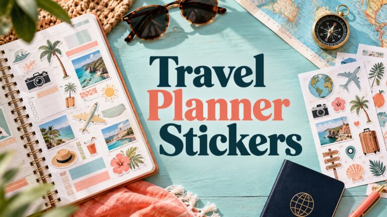 Travel Planner Stickers with realistic planner and themed stationery