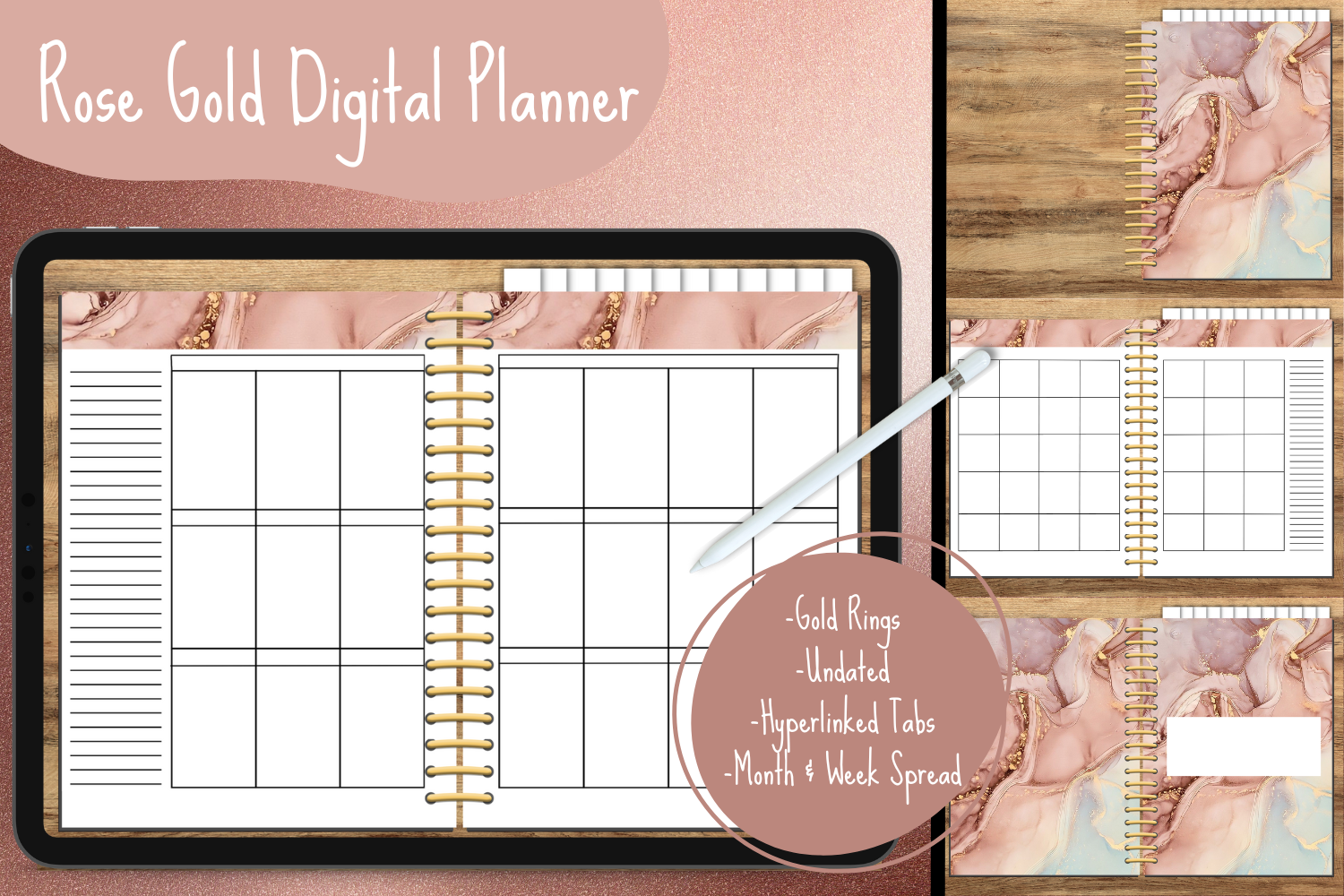 Undated Digital Planner: Rose Gold Marble Undated Digital Planner