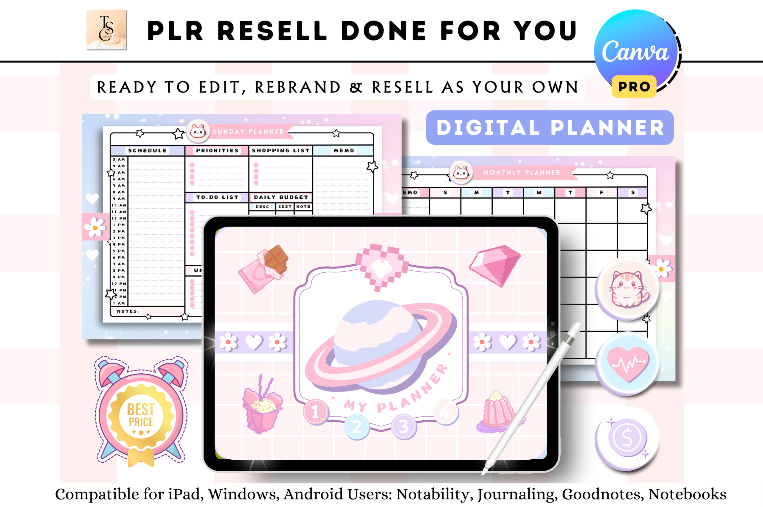 Undated Digital Planner: Editable Cute Undated Digital Planner: 71 Pages