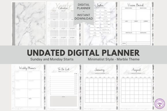 Undated Digital Planner: Undated Digital Planner: Portrait Marble PDF