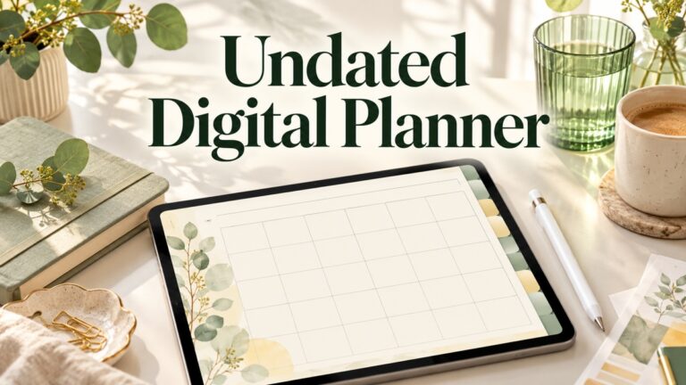 Undated Digital Planner with realistic planner and themed desk accessories