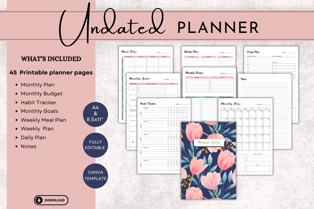 Undated Printable Planner: Ultimate Monthly Undated Planner by Printable Designs