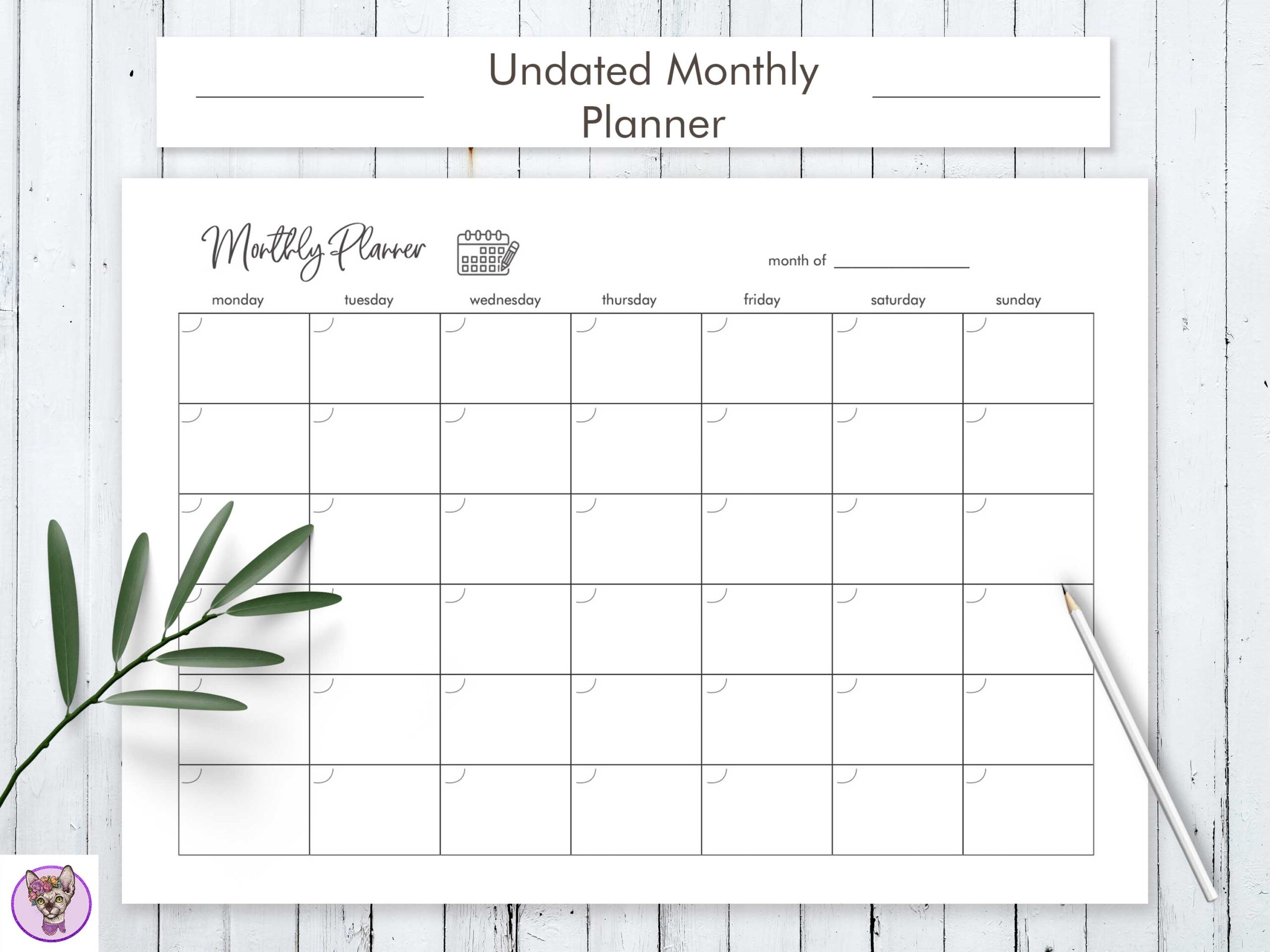 Undated Printable Planner: Undated Monthly Planner by HelArtShop
