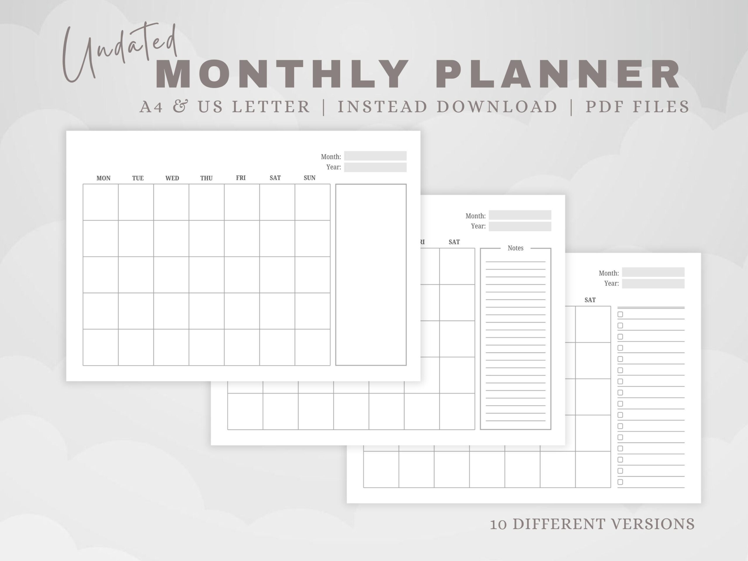 Undated Printable Planner: Undated Monthly Planner with Checklist