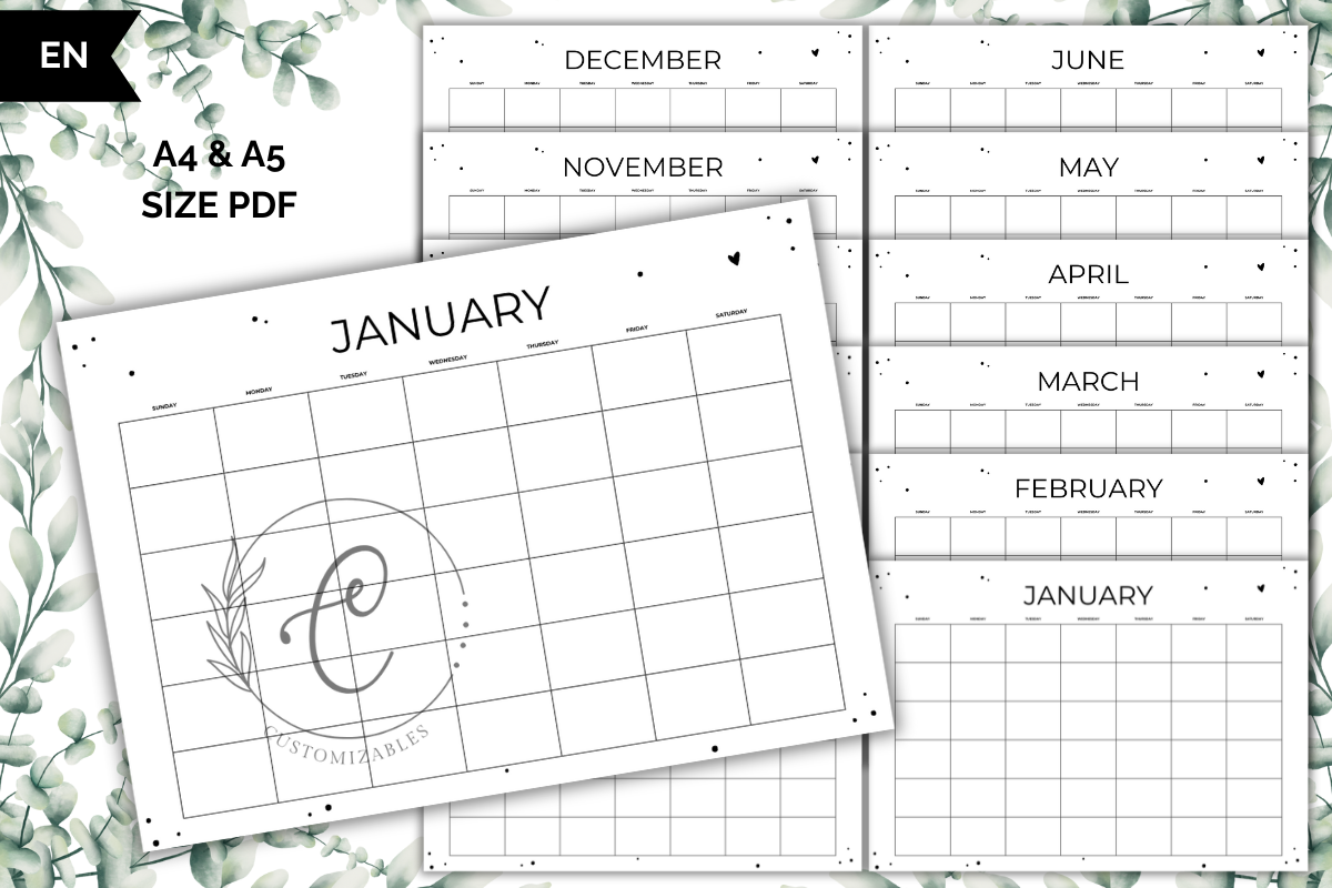 Undated Printable Planner: Blank Monthly Calendar by Customizables
