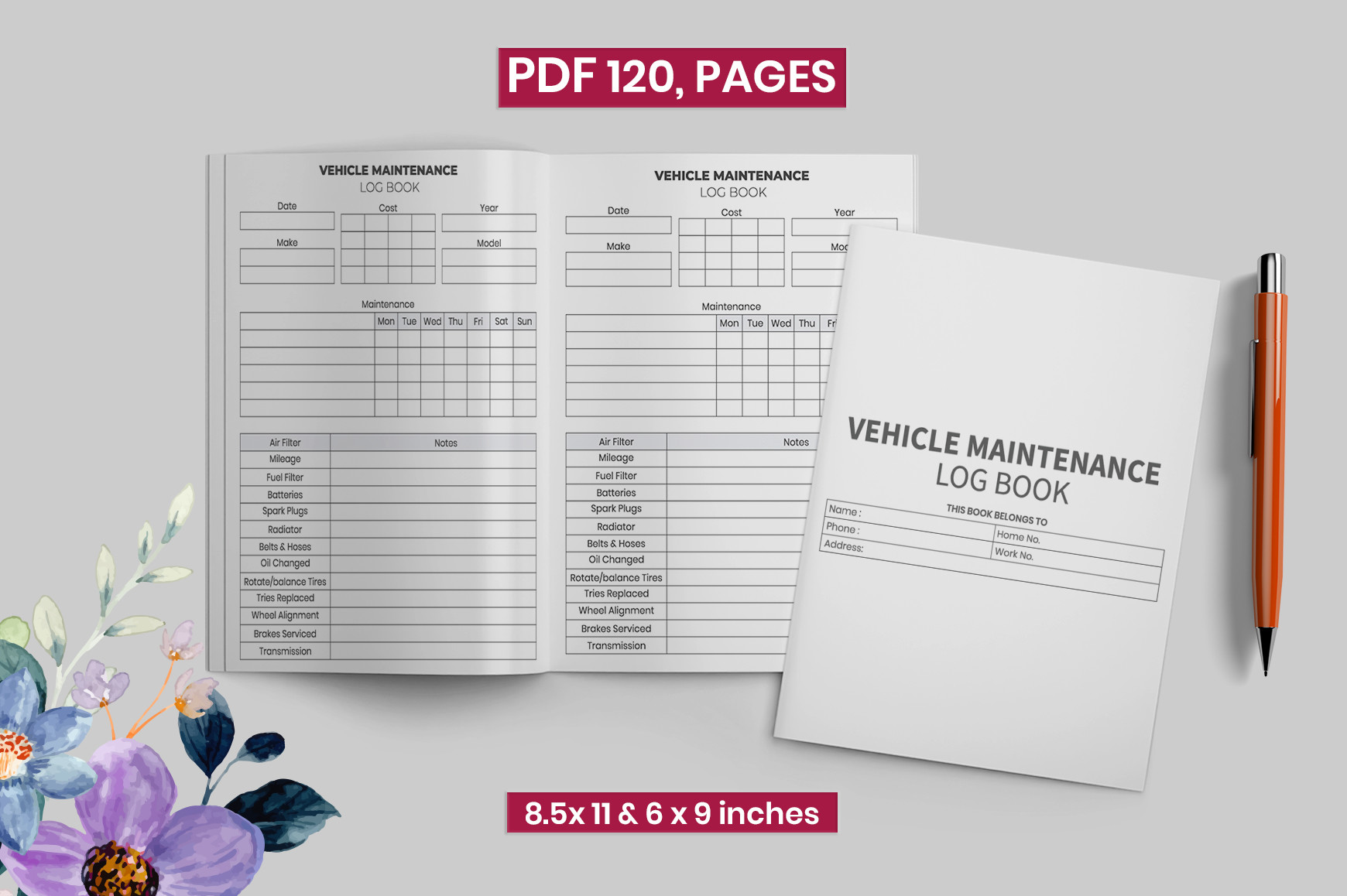 Vehicle Maintenance Log: A 120-Page PDF-and-JPG Interior in Two Sizes original product preview