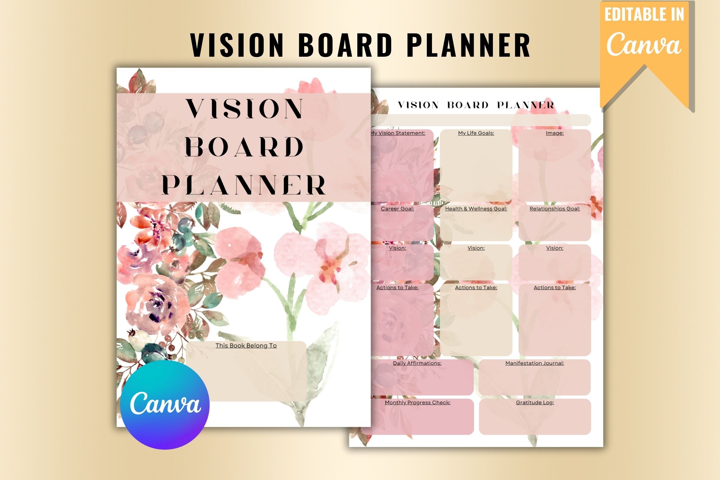 Vision Board Planner: The Grateful Studio: Canva Vision Board Layout
