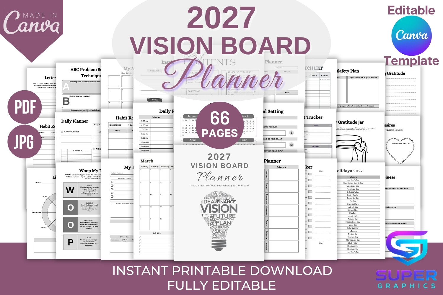 Vision Board Planner: SUPER GRAPHICS: 2027 Canva Vision Board Planner