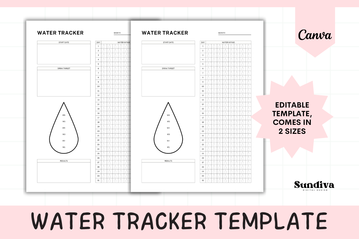 Water Tracker: Sundiva Design: Editable Monthly Water Tracker