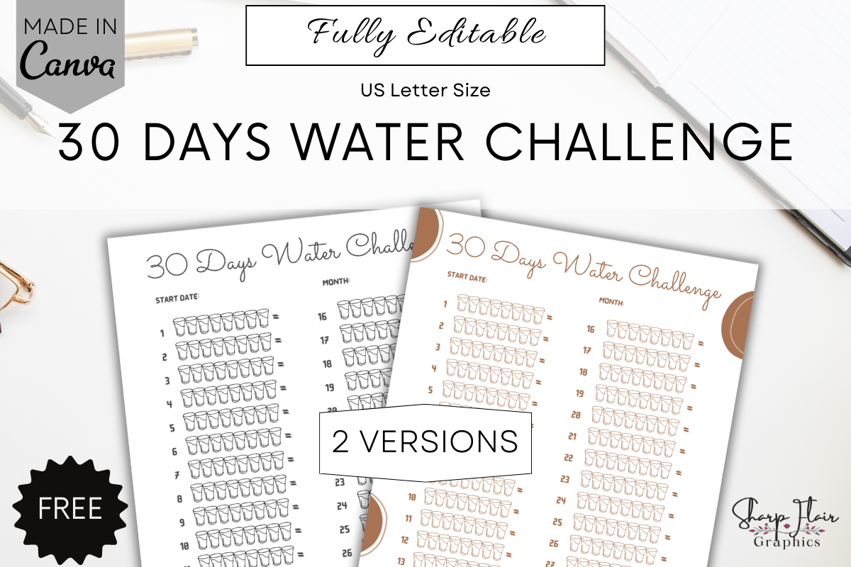 Water Tracker: Sharp Flair Graphics: 30-Day Water Challenge Sheets