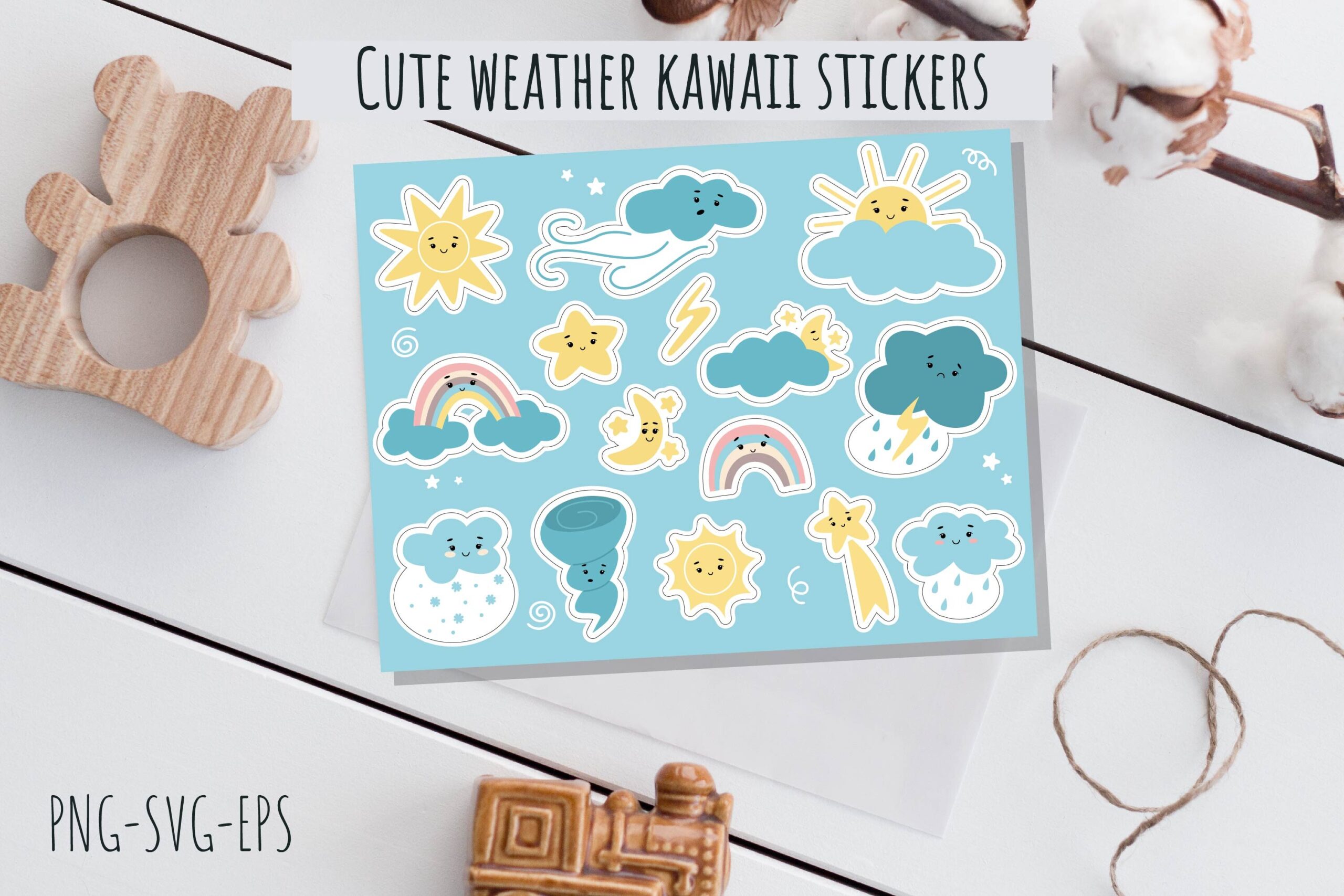 weather planner stickers: Fifteen Kawaii Weather Stickers with Editable Vector Assets original product preview