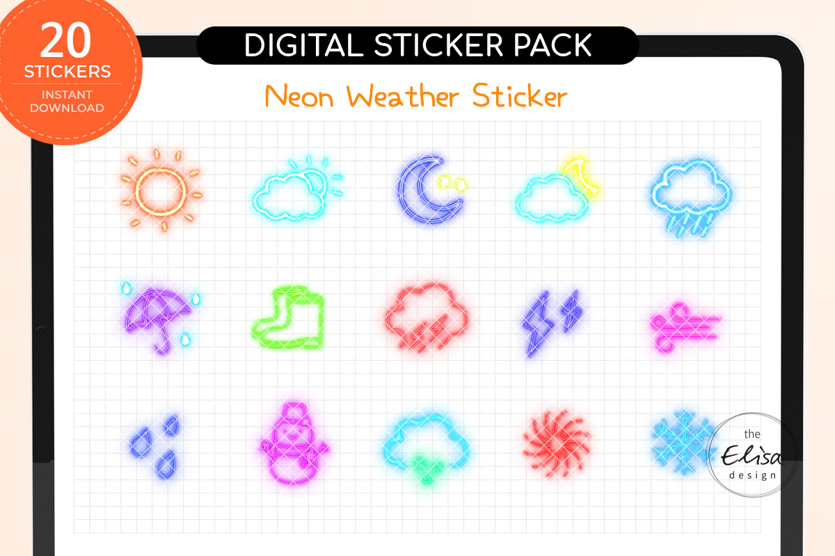 weather planner stickers: Twenty Neon Weather PNGs with a Goodnotes Sheet original product preview