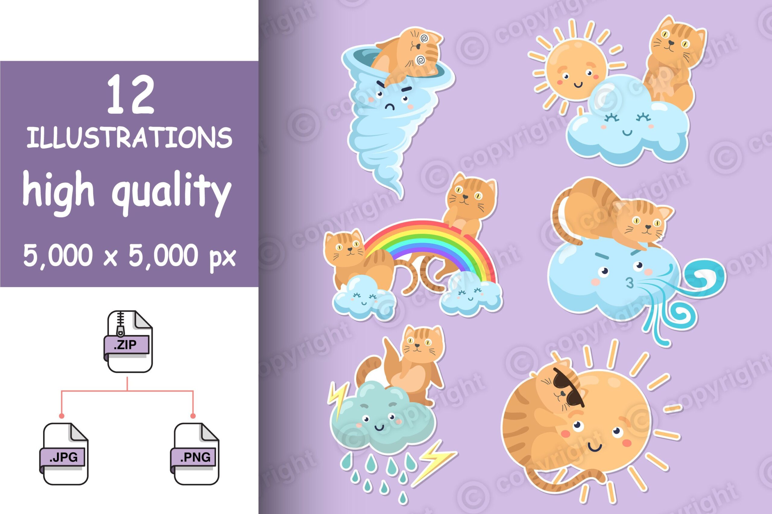 weather planner stickers: Twelve Cat and Weather Illustrations in Large PNG and JPG Files original product preview
