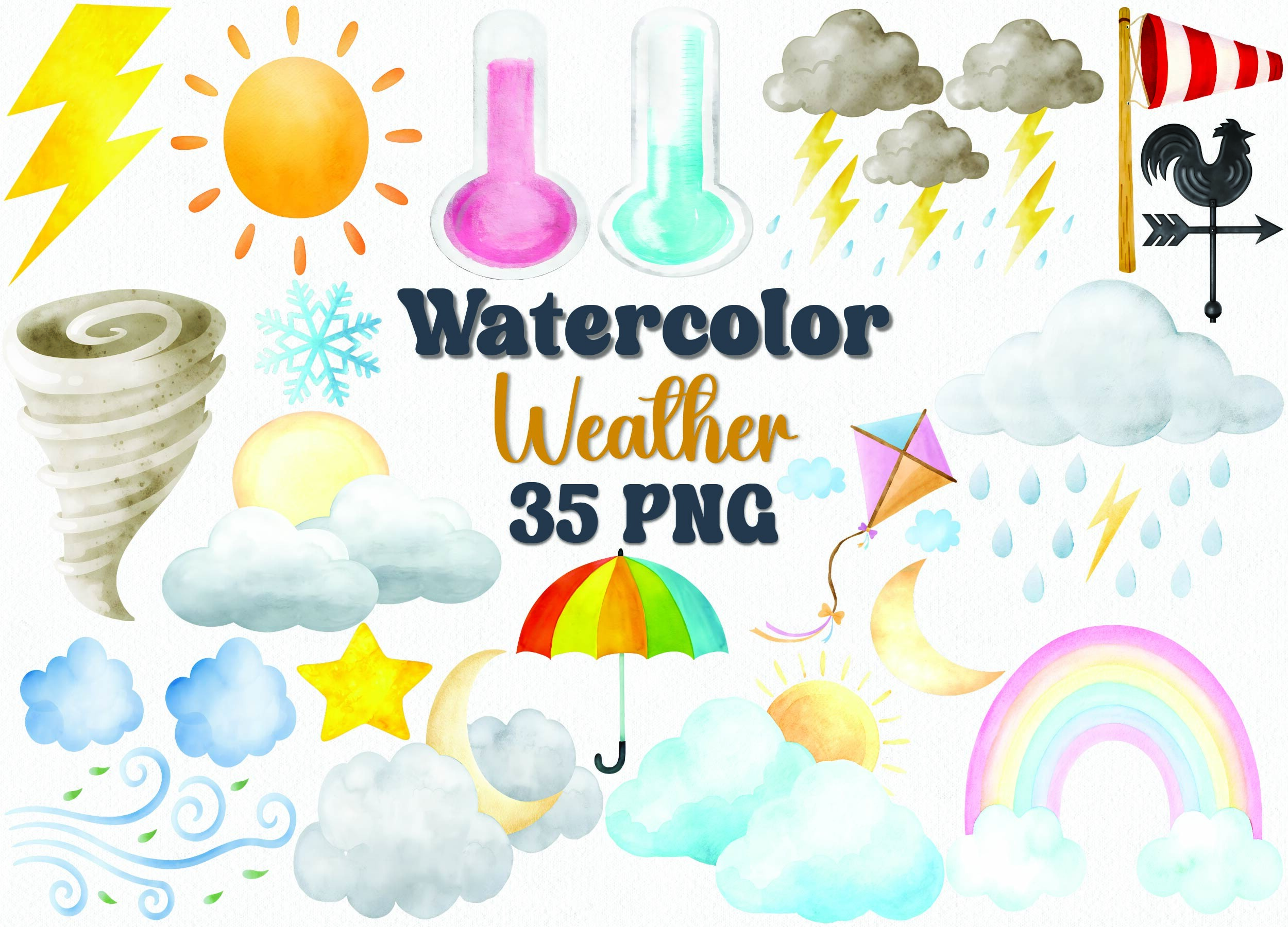 weather planner stickers: Thirty-Five Transparent Watercolor Weather PNGs original product preview