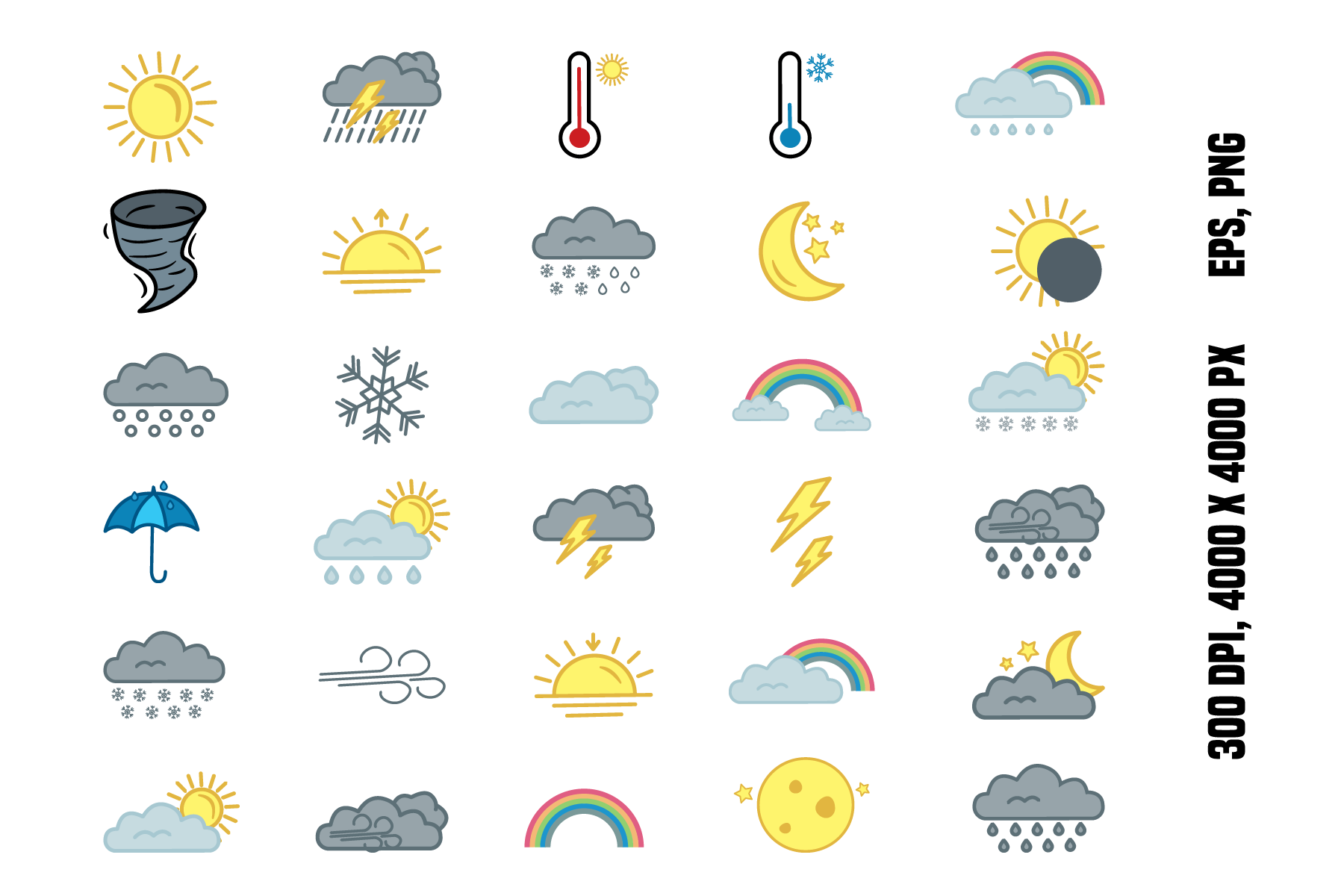 weather planner stickers: Thirty Colored Weather Designs with EPS and PNG Assets original product preview