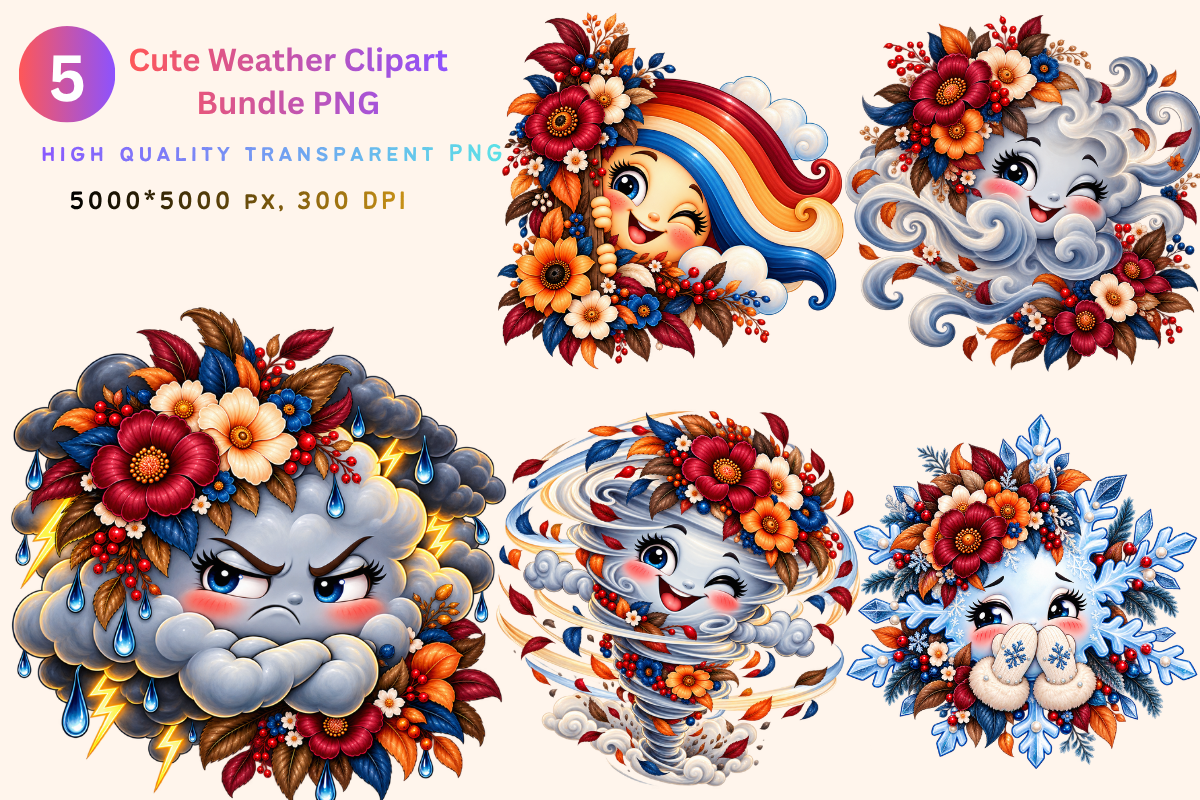 weather planner stickers: Five Expressive Weather Characters in Large Transparent PNGs original product preview