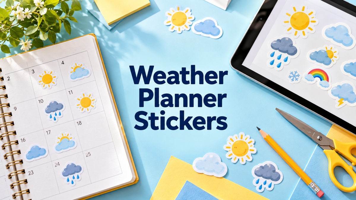 weather planner stickers with realistic planners and thematic accessories