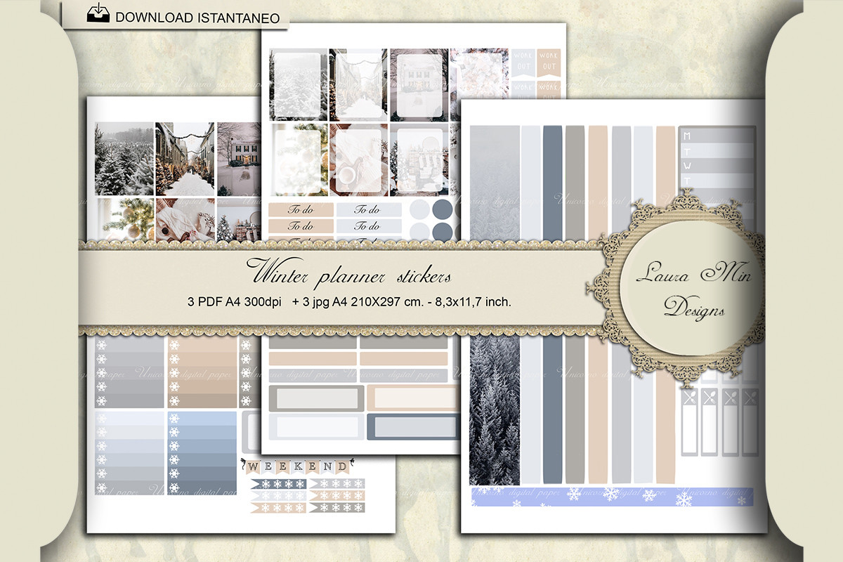 Winter Planner Stickers: Winter Printable Journal Stickers on Three A4 Pages