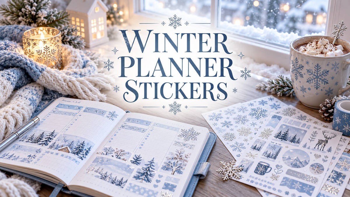 Winter Planner Stickers on a realistic themed planning workspace