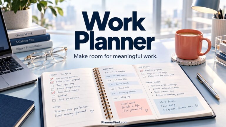 Work Planner with realistic planner pages and themed desk accessories