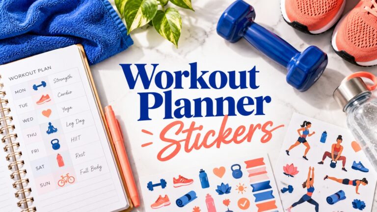 Workout Planner Stickers with realistic planner and themed stationery